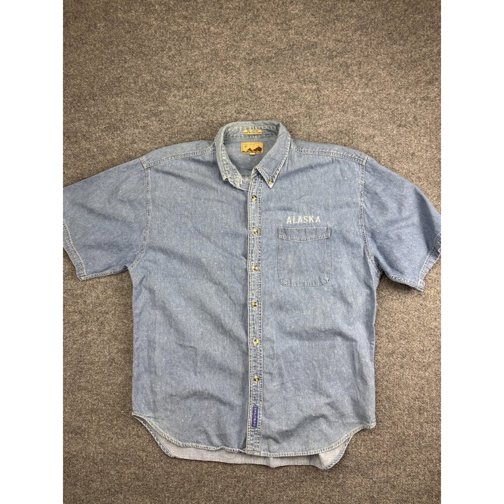 Alaska Denim Shirt Mens XL Short‎ Sleeve Button Down Embroidered Port Authority